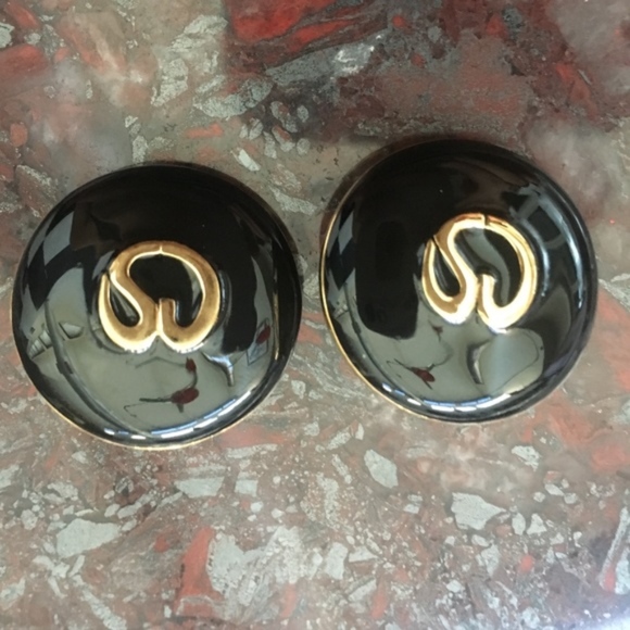 St. John Gold and Black Clip on Earrings - Picture 1 of 2